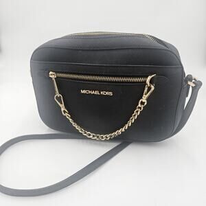 Michael Kors Jet Set Large Saffiano Leather Crossbody Bag Gold Chain Career Glam